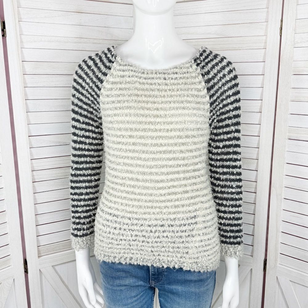 Loft Striped Boucle Knit‎ Pullover Sweater Tan Grey Black XS Colorblock